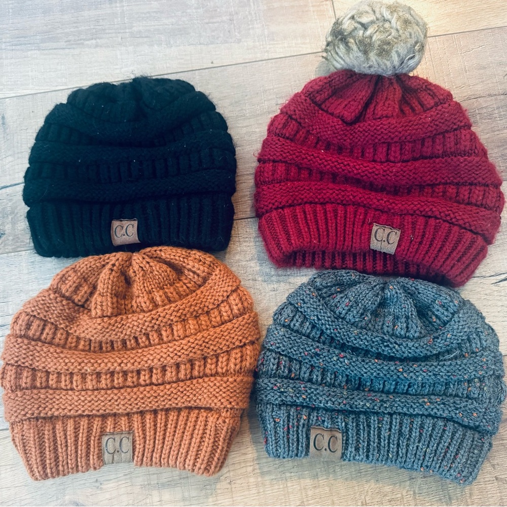 C.C Knit Beanie Set - Black, Red, Orange, Gray